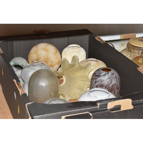 422 - THREE BOXES OF GLASS LAMPSHADES, over thirty lampshades in different styles, mainly individual shade... 