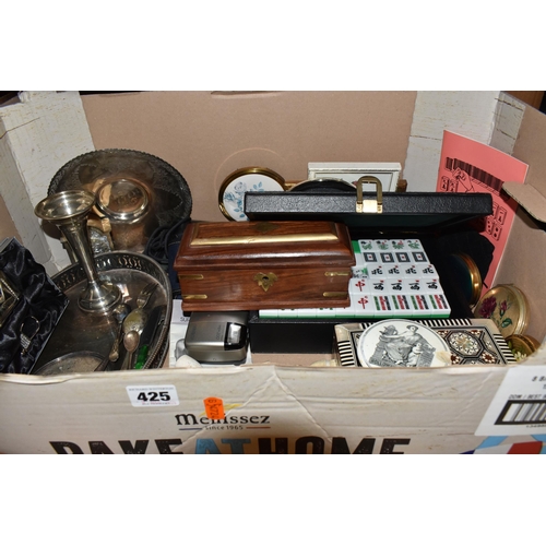 425 - THREE BOXES AND LOOSE METALWARE, MAH JONG SET, BOOKS AND SUNDRY ITEMS, to include a silver bud vase,... 