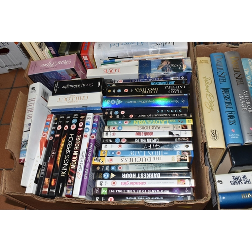 434 - FIVE BOXES OF BOOKS, DVDS, AND CDS to include a box of approximately one hundred and twenty easy lis... 