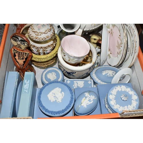 436 - SIX BOXES AND LOOSE MOSTLY  CERAMICS AND GLASSWARE Etc, to include a quantity of boxed blue Wedgwood... 