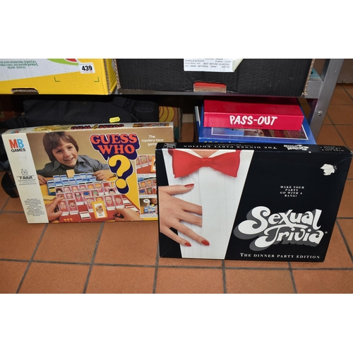 439 - THREE BOXES AND LOOSE VINTAGE TOYS AND MISCELLANOEUS ITEMS to include vintage versions of Guess Who,... 