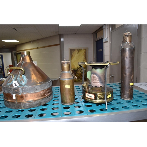 440 - A GROUP OF METALWARE, comprising two metal fuel sample canisters,  height 24cm and height 39cm, both... 