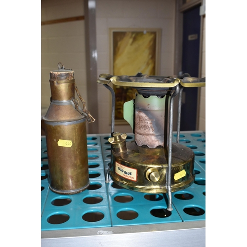 440 - A GROUP OF METALWARE, comprising two metal fuel sample canisters,  height 24cm and height 39cm, both... 