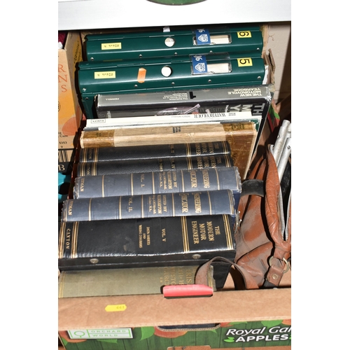 441 - FIVE BOXES AND A LARGE QUANTITY OF MISCELLANEOUS ITEMS to include a green glass table lamp, a holdal... 