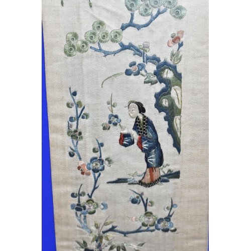 443 - TWO SETS OF CHINESE EMBROIDERED PANELS, the first set depicts male figures holding various objects, ... 