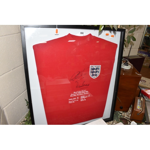 444 - A FRAMED REPLICA ENGLAND SHIRT, SIGNED BY GEOFF HURST AND MARTIN PETERS, to commemorate the 1966 Wor... 