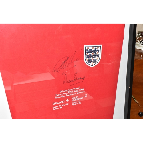 444 - A FRAMED REPLICA ENGLAND SHIRT, SIGNED BY GEOFF HURST AND MARTIN PETERS, to commemorate the 1966 Wor... 