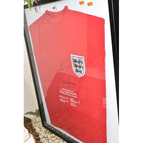 444 - A FRAMED REPLICA ENGLAND SHIRT, SIGNED BY GEOFF HURST AND MARTIN PETERS, to commemorate the 1966 Wor... 