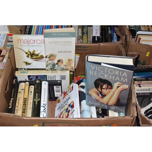 447 - SEVEN BOXES OF BOOKS, approximately one hundred and fifty titles in hardback and paperback formats, ... 