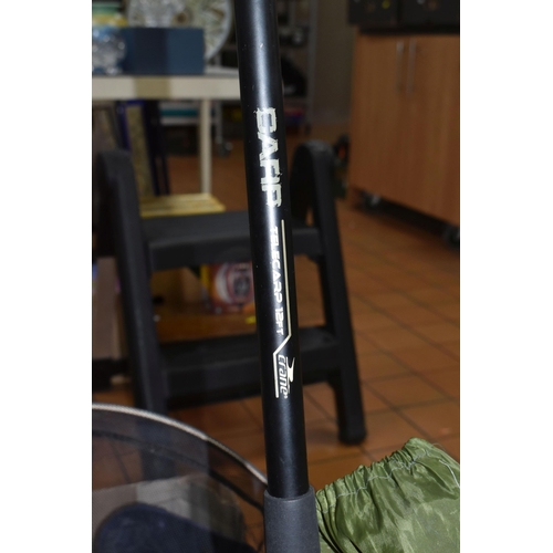 448 - A BOX OF FISHING EQUIPMENT, to include a Crane Telecarp 12ft rod, a modern unmarked fishing rod, thr... 