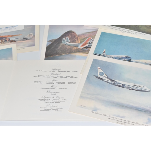 460 - A COMPLETE SET OF THIRTEEN PAN AM FIRST CLASS MENUS, illustrated by John T. McCoy and depicting a hi... 