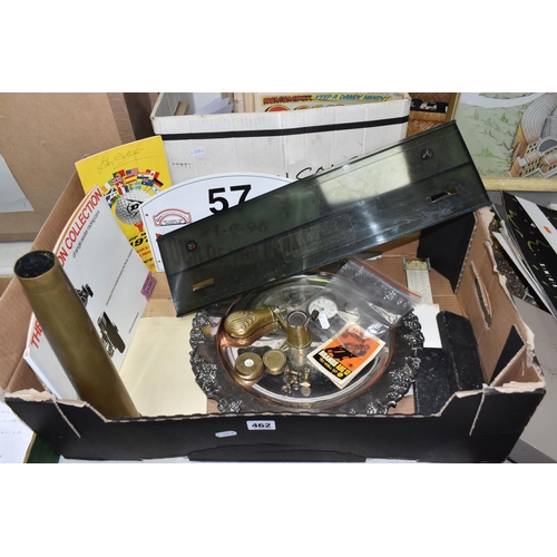 462 - A BOX AND LOOSE METALWARE, PIRELLI CALENDARS, EPHEMERA AND SUNDRY ITEMS, to include a silver cased p... 