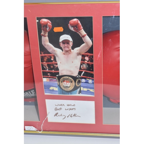 469 - A DISPLAY CASE BEARING THE SIGNATURE OF RICKY HATTON with pair of Lonsdale boxing gloves, and a phot... 