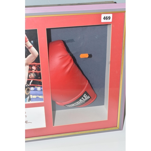 469 - A DISPLAY CASE BEARING THE SIGNATURE OF RICKY HATTON with pair of Lonsdale boxing gloves, and a phot... 