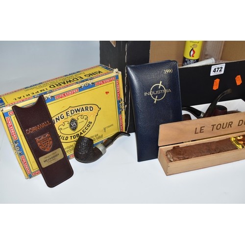 472 - A BOX OF CIGAR RELATED ITEMS, to include a pack of twenty-five Puros Canarios, three cigars in metal... 