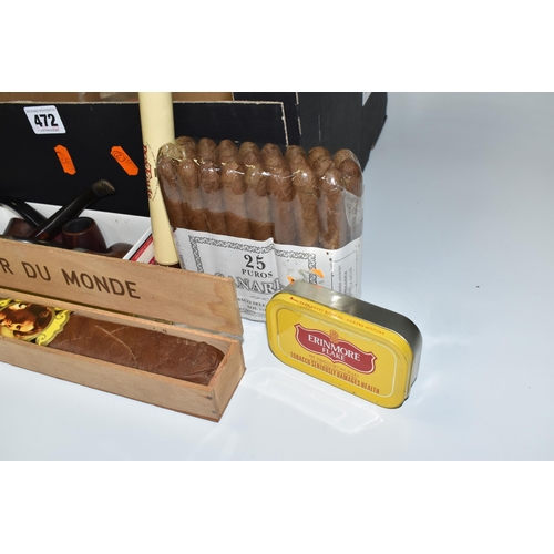 472 - A BOX OF CIGAR RELATED ITEMS, to include a pack of twenty-five Puros Canarios, three cigars in metal... 