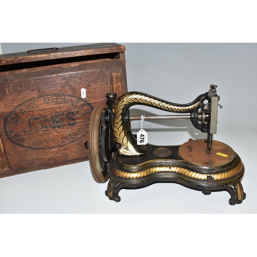 476 - AN 1890'S JONES' SERPENTINE SEWING MACHINE, a hand-crank 'Swan necked' sewing machine with original ... 