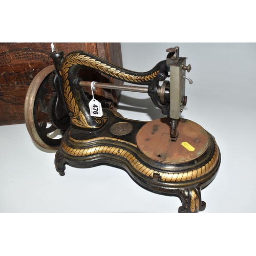 476 - AN 1890'S JONES' SERPENTINE SEWING MACHINE, a hand-crank 'Swan necked' sewing machine with original ... 