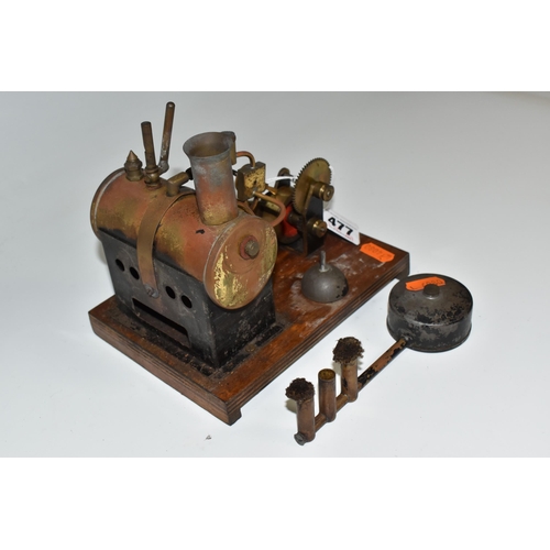 477 - A MERSEY MODEL CO. LTD. LIVE STEAM ENGINE, No.52?, not tested, horizontal brass boiler powering incl... 