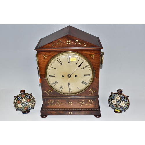 481 - A REGENCY WALNUT TWIN FUSEE BRACKET CLOCK, the case has inlaid brass foliate detail to the frontage,... 