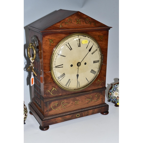 481 - A REGENCY WALNUT TWIN FUSEE BRACKET CLOCK, the case has inlaid brass foliate detail to the frontage,... 