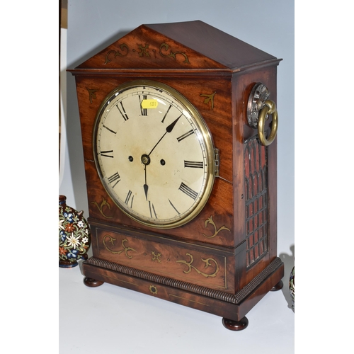 481 - A REGENCY WALNUT TWIN FUSEE BRACKET CLOCK, the case has inlaid brass foliate detail to the frontage,... 