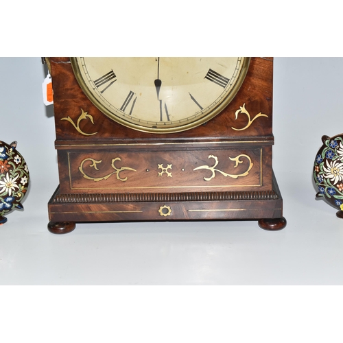 481 - A REGENCY WALNUT TWIN FUSEE BRACKET CLOCK, the case has inlaid brass foliate detail to the frontage,... 