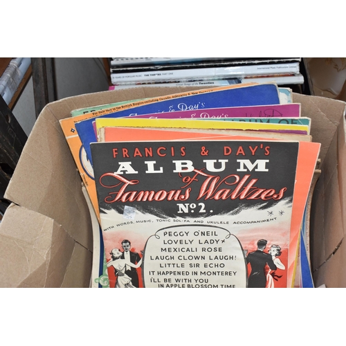 490 - TWO BOXES OF BOOKS AND SHEET MUSIC, a collection of original  Francis & day's music albums to includ... 