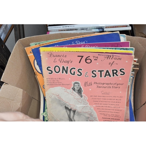 490 - TWO BOXES OF BOOKS AND SHEET MUSIC, a collection of original  Francis & day's music albums to includ... 