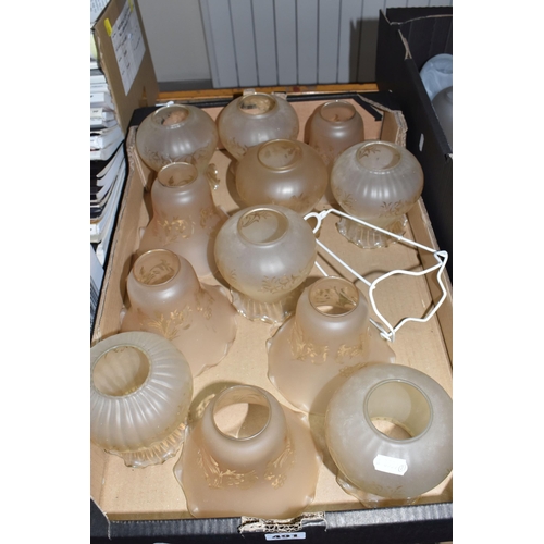 491 - FOUR BOXES OF ASSORTED GLASS LIGHT SHADES, to include a collection of approximately thirty vintage g... 