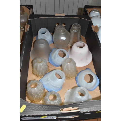 491 - FOUR BOXES OF ASSORTED GLASS LIGHT SHADES, to include a collection of approximately thirty vintage g... 