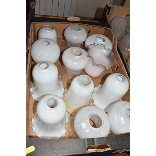 491 - FOUR BOXES OF ASSORTED GLASS LIGHT SHADES, to include a collection of approximately thirty vintage g... 