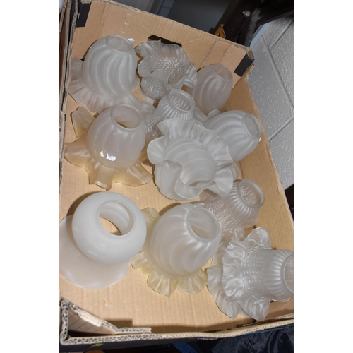 491 - FOUR BOXES OF ASSORTED GLASS LIGHT SHADES, to include a collection of approximately thirty vintage g... 