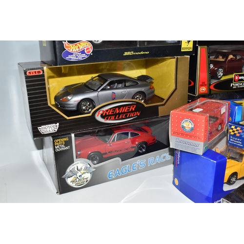 493 - TWO BOXES OF BOXED COLLECTABLE MODEL PORCHE CARS, to include ten boxed 1:18 assorted model Porche ca... 