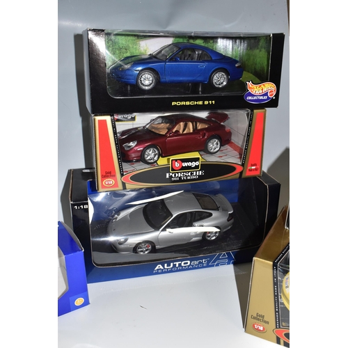 493 - TWO BOXES OF BOXED COLLECTABLE MODEL PORCHE CARS, to include ten boxed 1:18 assorted model Porche ca... 