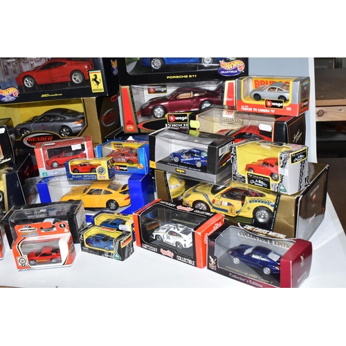 493 - TWO BOXES OF BOXED COLLECTABLE MODEL PORCHE CARS, to include ten boxed 1:18 assorted model Porche ca... 