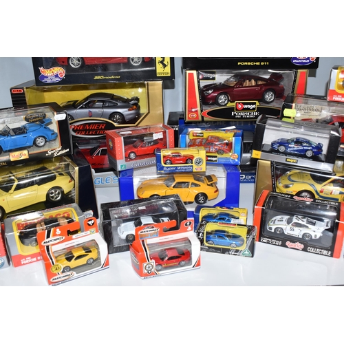 493 - TWO BOXES OF BOXED COLLECTABLE MODEL PORCHE CARS, to include ten boxed 1:18 assorted model Porche ca... 