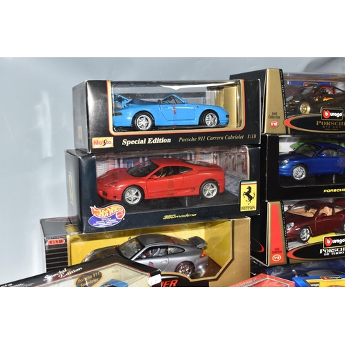 493 - TWO BOXES OF BOXED COLLECTABLE MODEL PORCHE CARS, to include ten boxed 1:18 assorted model Porche ca... 