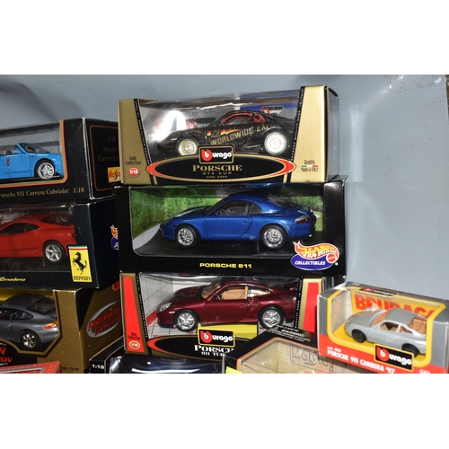 493 - TWO BOXES OF BOXED COLLECTABLE MODEL PORCHE CARS, to include ten boxed 1:18 assorted model Porche ca... 