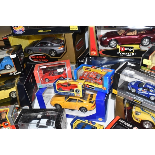 493 - TWO BOXES OF BOXED COLLECTABLE MODEL PORCHE CARS, to include ten boxed 1:18 assorted model Porche ca... 