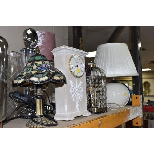 497 - A GROUP OF TABLE LAMPS, comprising a Tiffany style centrepiece figural lamp/fountain with a green an... 