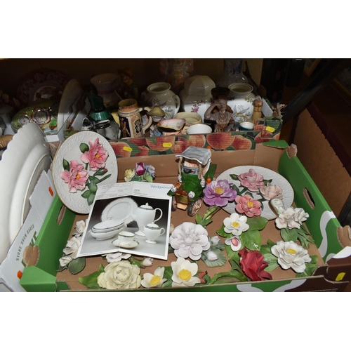 501 - FOUR BOXES OF CERAMICS to include a quantity of Capodimonte ceramic ornamental flowers to include a ... 