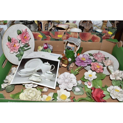 501 - FOUR BOXES OF CERAMICS to include a quantity of Capodimonte ceramic ornamental flowers to include a ... 