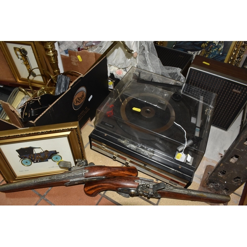 503 - TWO BOXES AND LOOSE BRASSWARE AND SUNDRIES,  to include a framed cross stitch, a large framed print ... 