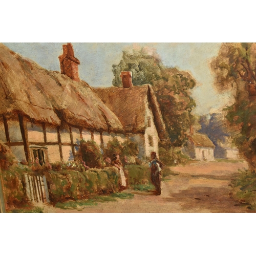 505 - AN EARLY 20TH CENTURY GENRE SCENE, depicting male and female figures conversing before thatched cott... 