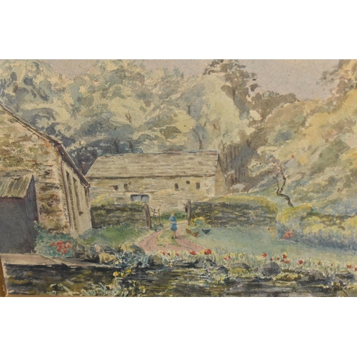 505 - AN EARLY 20TH CENTURY GENRE SCENE, depicting male and female figures conversing before thatched cott... 