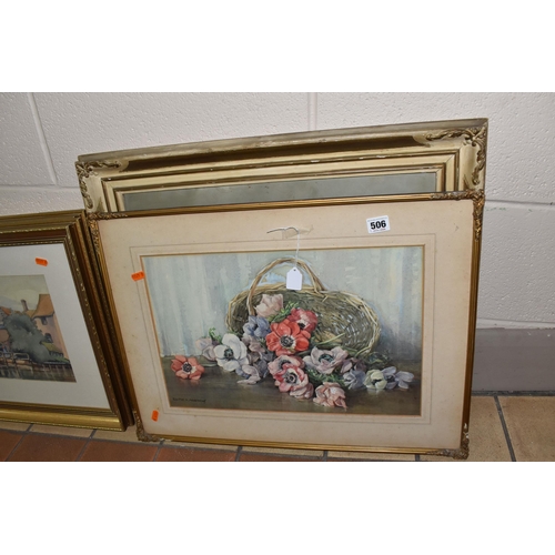 506 - SIX 20TH CENTURY OIL AND WATERCOLOUR PICTURES, comprising an Edith A. Andrews watercolour still life... 