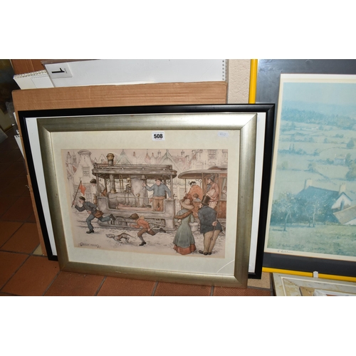 508 - DENNIS HARPER PAINTING, UNIPART CALENDARS AND ASSORTED PRINTS, the painting depicts two figures in a... 