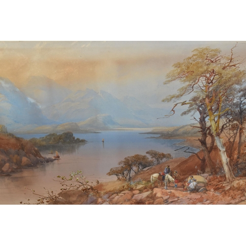 514 - JAMES BURRELL-SMITH (1822-1897) 'AUTUMN - LAKE KATRINE', a Scottish landscape with kilted figures ov... 