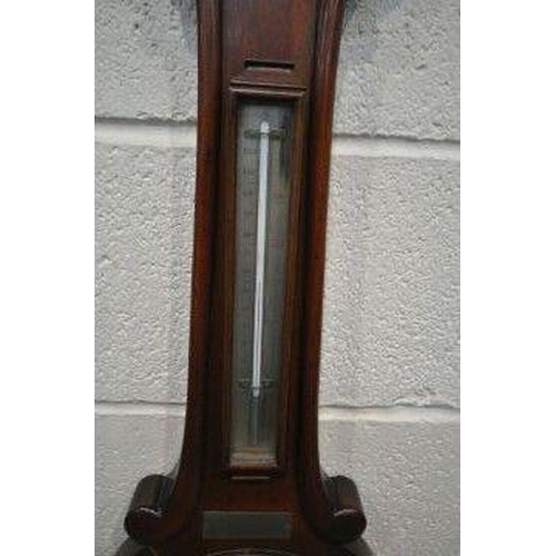 1200 - A VICTORIAN MAHOGANY BAROMETER, fitted with a thermometer, above a 9 inch dial, signed Negretti and ... 